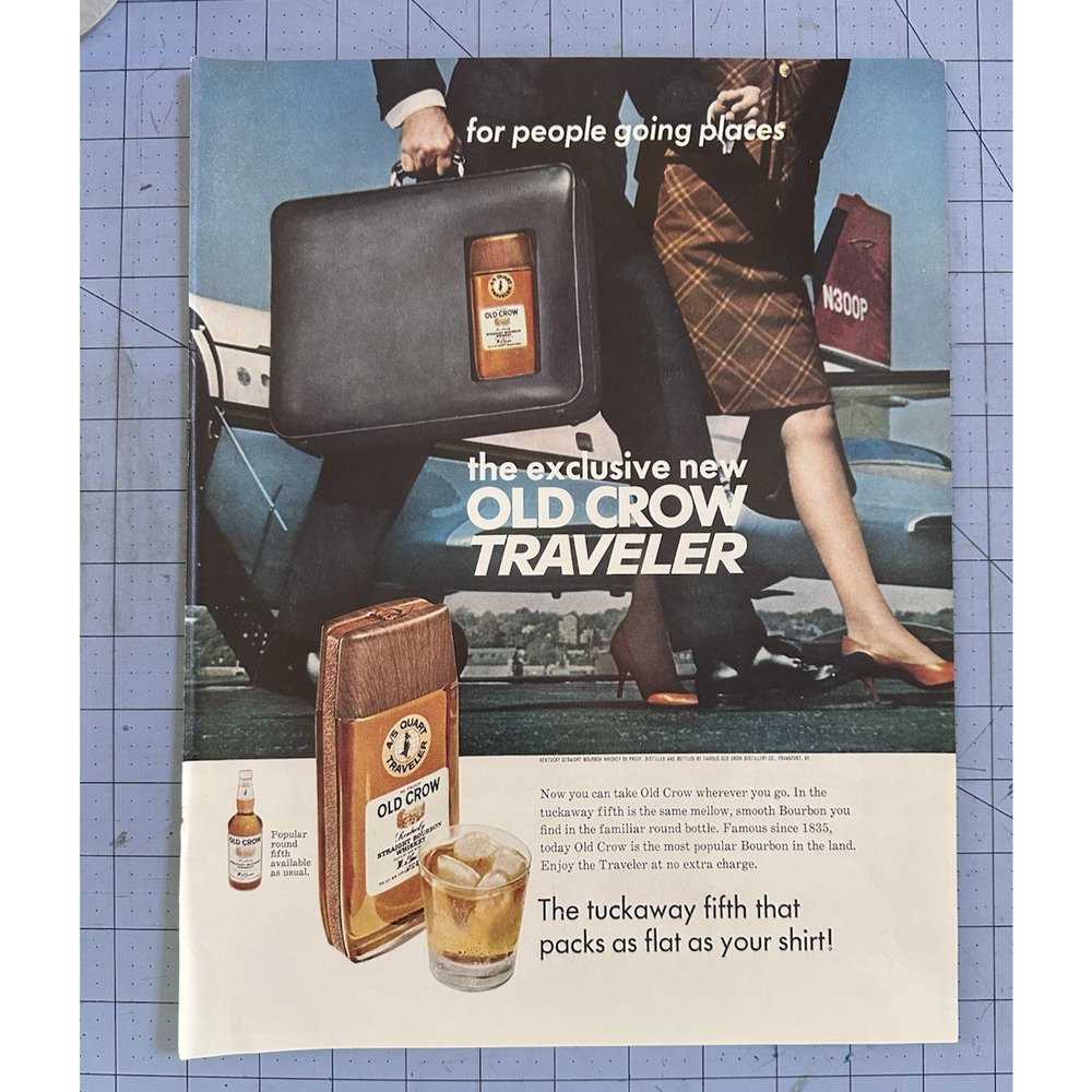 1967 Old Crow Traveler Whiskey Print Ad Vintage Bourbon Liquor Airline Theme